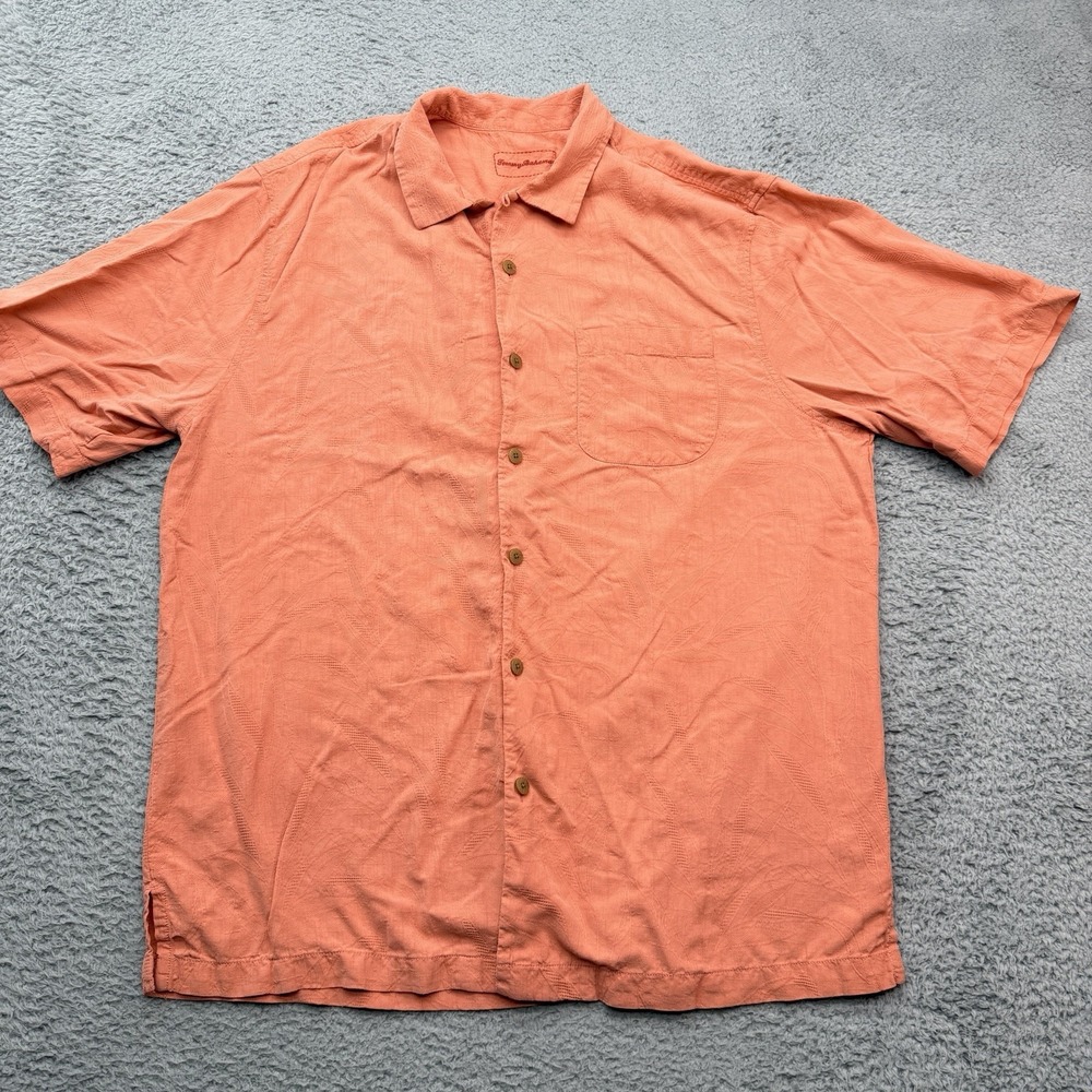 Tommy Bahama 100% Silk Shirt Mens LT Peach Orange Loop Collar Button Beach Flora